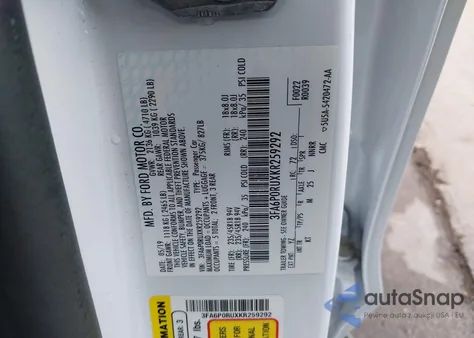 2019 Ford Fusion Hybrid Titanium from USA, damaged, VIN 3FA6P0RUXKR259292